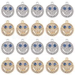 32Pcs 2 Colors Alloy Rhinestone Pendants, Flat Round with Smiling Face Charms, Platinum & Golden, 19.5x16.5x3.5mm, Hole: 1.8mm, 16pcs/color(FIND-DC0003-73)