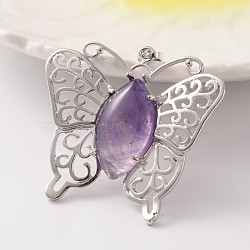 Butterfly Platinum Tone Brass Natural Amethyst Pendants, 43x45x7mm, Hole: 9x5mm(G-M288-06)