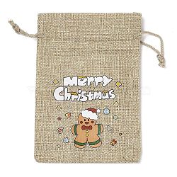 Christmas Printed Burlap Packing Pouches Drawstring Bags, Rectangle, Tan, Gingerbread Man, 14x10x0.01cm(ABAG-Q053-02A-06)