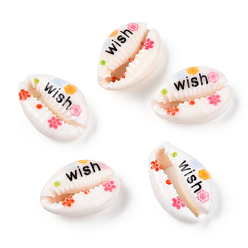 Flower Word Printed Cowrie Shell Beads, No Hole/Undrilled, Colorful, 18.5~22x13~14.5x6~7.5mm