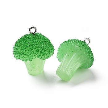 Opaque Resin Vegetables Pendants, Broccoli Charms, with Platinum Tone Iron Loops, Lime Green, 25.5x21x18mm, Hole: 2mm