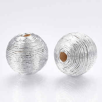 Wood Beads Covered with Polyester Cord Wire, Round, Silver, 12~13x12~12.5mm, Hole: 1.5~2mm