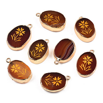 Natural Agate Pendants, with Light Gold Plated Brass Edge & Iorn Loops, Gold Powder, Dyed & Heated, Oval with Flower Charm, Saddle Brown, 23~24x15~16.5x4~6.5mm, Hole: 1.6mm