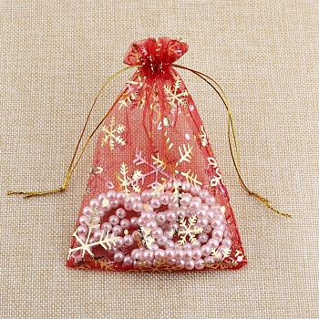 Christmas Printed Organza Drawstring Bags, Hot Stamping Snowflake Pouches, Rectangle, Red, 18x13cm