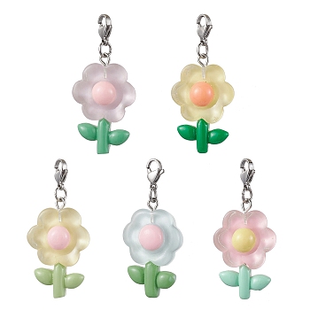 Translucent Resin Flower Pendant Decorations, Stainless Steel Lobster Claw Clasps Charm for Bag Ornaments, Mixed Color, 52mm
