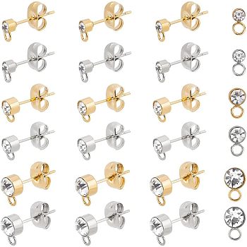 36Pcs 6 Style 304 Stainless Steel Stud Earrings Findings, with Horizontal Loops and Crystal Rhinestone, Column, Golden & Stainless Steel Color, 6~8x3~5mm, Hole: 1.8mm, Pin: 0.7mm, 6Pcs/style