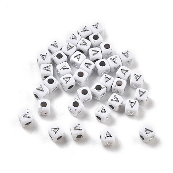 Opaque Acrylic Beads, Square with Letter, Silver Metal Enlaced, Letter A, 5x5x5mm, Hole: 2mm, about 5000ocs