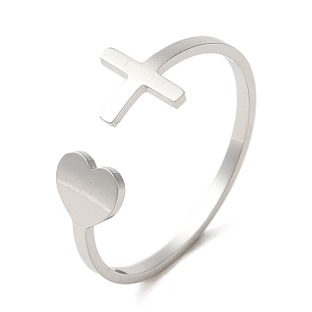 304 Stainless Steel Open Cuff Ring, Heart & Cross, Stainless Steel Color, US Size 8 1/2(18.5mm)