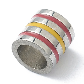 304 Stainless Steel Beads, with Enamel, Column with Stripe Pattern, Stainless Steel Color, Red, 9x8.5mm, Hole: 5.5mm