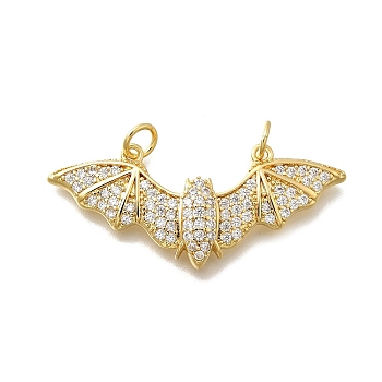 Brass Micro Pave Cubic Zirconia Pendants, with Jump Ring, Lead Free & Cadmium Free, Real 18K Gold Plated, Bat, 16x37.3x4.5mm, Hole: 3.3mm