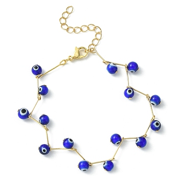 Handmade Evil Eye Lampwork  Beaded Bracelets, with 304 Stainless Steel Ball Head Pins and Lobster Claw Clasps, Round, Golden, Blue, 6-3/8 inch(16.2cm)