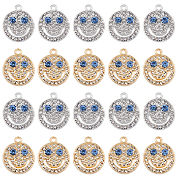 32Pcs 2 Colors Alloy Rhinestone Pendants, Flat Round with Smiling Face Charms, Platinum & Golden, 19.5x16.5x3.5mm, Hole: 1.8mm, 16pcs/color