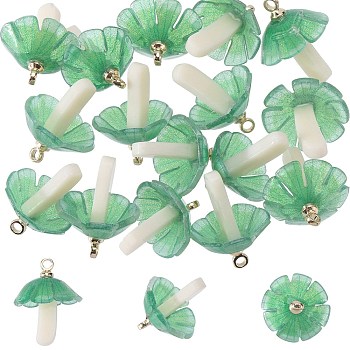 SUNNYCLUE 20Pcs Plastic Pendants, with Acrylic and Golden Plated Brass Loops, Mushroom, Sea Green, 18x15mm, Hole: 1.5mm