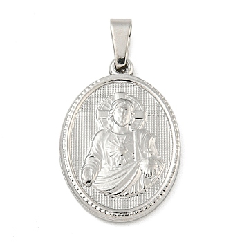 Non-Tarnish 304 Stainless Steel Pendants, Religious Theme Charm, Oval with Saint, Stainless Steel Color, 24x16x2~2.5mm, Hole: 5x3mm