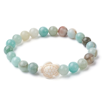 Natural Flower Amazonite Round & Synthetic Turquoise Turtle Beaded Stretch Bracelet for Women, Inner Diameter: 2-1/8 inch(5.5cm)
