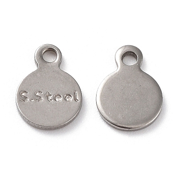 201 Stainless Steel Charms, Flat Round with Word S.Steel Charm, Stainless Steel Color, 8.5x6x0.7mm, Hole: 1.2mm