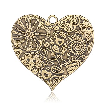 Cadmium Free & Nickel Free & Lead Free Tibetan Style Alloy Heart Big Pendants, Long-Lasting Plated, with Flower Pattern, Antique Bronze, 53x58x2mm, Hole: 4mm