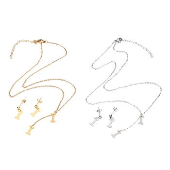 304 Stainless Steel Jewelry Sets, Cable Chains Pendant Necklaces and Stud Earrings, with Lobster Claw Clasps and Ear Nuts, Alphabet, Golden & Stainless Steel Color, Letter.I, 17.71 inch(45cm),  11.5x6x0.5mm, Pin: 0.8mm