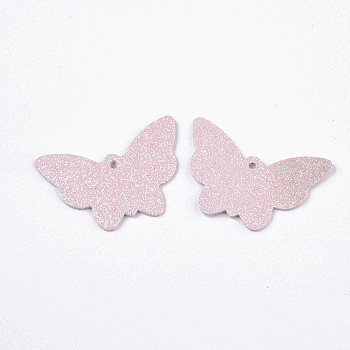 PU Leather Pendants, with Double Sided Glitter Powder, Butterfly, Pink, 32.5x48x1.5~2mm, Hole: 2.5mm