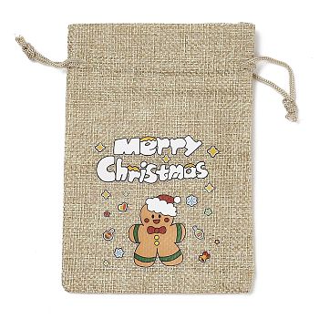 Christmas Printed Burlap Packing Pouches Drawstring Bags, Rectangle, Tan, Gingerbread Man, 14x10x0.01cm