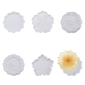 Boutigem 6Pcs 6 Style Silicone Flower Cup Mat Molds Sets, Resin Casting Molds, For DIY UV Resin, Epoxy Resin Craft Making, White, 105~125x7~12mm, 1pc/style