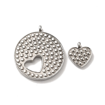 304 Stainless Steel Pendants, Flat Round & Heart Charm, Stainless Steel Color, 28x25x3mm, Hole: 2mm, 2pcs/set