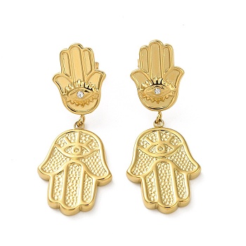 Stainless Steel Shell Rhinestone Pendant Earrings, Hamsa Hand with Evil Eye, Real 18K Gold Plated, 40.5x16mm