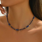Dyed Natural Imperial Jasper Column and Glass Beaded Necklaces for Women, Golden, Royal Blue, 16.14 inch(41cm)(CN0218)