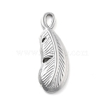 304 Stainless Steel Pendants, Feather Charm, Anti-Tarnish, Stainless Steel Color, 20x7x2mm, Hole: 1.4mm(STAS-I327-04P)