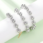 201 Stainless Steel Round Beaded Bracelets for Women, Ion Plating(IP), Long-Lasting Plated, Platinum & Golden, 7.36 inch(18.7cm)(SA-CBA2E59-04P)