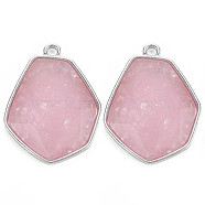 Faceted Glass Pendants, with Alloy Settings, Cadmium Free & Lead Free, Hexagon, Platinum Plated, Pink, 38x29x6.5mm, Hole: 3mm(PALLOY-N167-01-01P-RS)