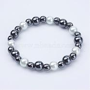 Pearlized Glass Round Beads Stretch Bracelets, with Non-Magnetic Synthetic Hematite Beads, White, 52mm(BJEW-JB02846-01)