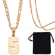 1Pc 304 Stainless Steel Figaro Chain Number Pendant Necklaces, 1Pc Rectangle Velvet Pouches, Golden, 24.21 inch(61.5cm), Pendant: 20x11mm(NJEW-BBC0001-28E-G)