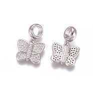 Brass Micro Pave Cubic Zirconia European Dangle Charms, Large Hole Pendants, Butterfly, Clear, Platinum, 21mm, Butterfly: 12.5x13.5x2mm, Hole: 5mm(ZIRC-E163-16P)