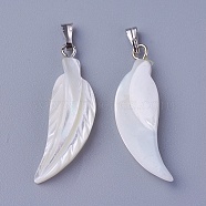Shell Pendants, with Brass Findings, Feather, Platinum, 29.5~31x9~13x3~4mm, Hole: 1.5x5mm(SSHEL-E571-07P)