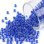 TOHO Round Seed Beads, Japanese Seed Beads, (189) Inside Color Luster Crystal/Caribean Blue, 8/0, 3mm, Hole: 1mm, about 10000pcs/pound(SEED-TR08-0189)