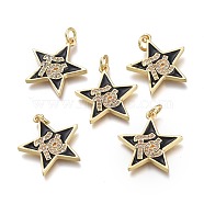 Brass Micro Pave Clear Cubic Zirconia Pendants, with Enamel and Jump Rings, Star with Word, Real 18K Gold Plated, Black, 20x19x2mm, Hole: 3mm(ZIRC-I046-11B)