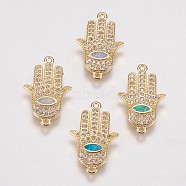 Brass Micro Pave Cubic Zirconia Links, with Synthetic Opal, Hamsa Hand/Hand of Fatima/Hand of Miriam with Horse Eye, Golden, Mixed Color, 19x12x2mm, Hole: 1mm(KK-E735-14G)
