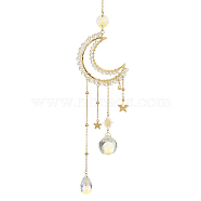 Glass Teardrop Pendant Decoration, Hanging Suncatchers, with Brass Moon Link and 304 Stainless Steel Star Charm, Golden, 325mm(HJEW-TA00059)