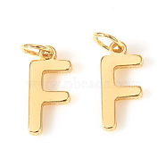 Brass Charms, with Jump Rings, Letter, Real 18K Gold Plated, Letter.F, F: 10x4.5x1mm Hole: 2.5mm(KK-I672-01F-G)