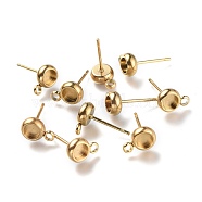 Ion Plating(IP) 304 Stainless Steel Stud Earring Settings, with Loop, Flat Round, Golden, Flat Round: 9x6.3mm, Hole: 1.8mm, Pin: 0.8mm, Tray: 4mm(STAS-I161-01A-G)