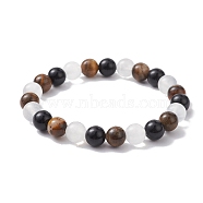 Natural Yellow Tiger Eye & Selenite & Eyeless Obsidian Round Beaded Stretch Bracelets, Inner Diameter: 2-3/8 inch(6cm)(BJEW-JB10114-03)