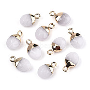 Natural White Jade Charms, Top Light Gold Plated, with Iron Loop, Oval, Faceted, Dyed & Heated, 14~15x8x5mm, Hole: 1.8mm(G-N326-58G)