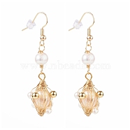Wire Wrapped Natural Pearl Dangle Earrings, with Ear Nuts, Brass Earring Hooks & Round Beads, Creamy White, Real 18K Gold Plated, 55mm, Pin: 0.7mm(EJEW-JE04505)
