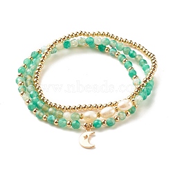 3Pcs Natural Agate & Pearl Beaded Stretch Bracelets Set, Brass Moon Charm Bracelets for Women, Medium Sea Green, Inner Diameter:  2-1/8~2-1/4 inch(5.5~5.6cm)(BJEW-JB08089-05)