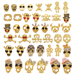 42pcs 21 style Zinc Alloy Cabochons, with Rhinestone and Enamel, Nail Art Decoration Accessories, Halloween Theme, Skull, Mixed Color, 6~15x5~11.5x1.5~5.5mm, 2pcs/style(MRMJ-AR0001-12)