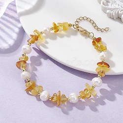 Natural Amber & Cultured Freshwater Pearl & Brass Beaded Bracelets for Women, Potato & Chip, Real 18K Gold Plated, 7.64 inch(19.4cm)(BJEW-JB13663)