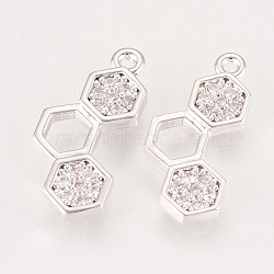 Brass Cubic Zirconia Pendants, Cadmium Free & Nickel Free & Lead Free, Real Platinum Plated, Hexagon, 17x8x2mm, Hole: 1mm(ZIRC-Q002-140P)
