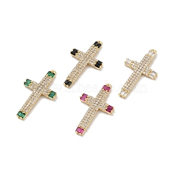 Rack Plating Brass Micro Pave Cubic Zirconia Pendants, Long-Lasting Plated, Lead Free & Cadmium Free, Real 18K Gold Plated, Cross, Mixed Color, 37x20.5x3mm, Hole: 1mm(KK-A224-16G)