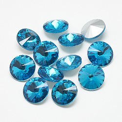 Pointed Back Glass Rhinestone Cabochons, Rivoli Rhinestone, Back Plated, Faceted, Cone, Aquamarine, 18x8.5~9mm(RGLA-T086-18mm-12)